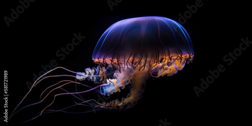 A jellyfish is in close-up view and set against a black background. Generative AI © INORTON