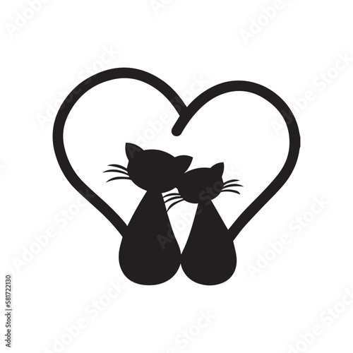 black cat with heart. cat, cats. Love. heart. flat black and white icon. vector simple illustration. cute animals. romance. two