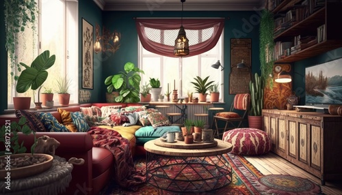 Living room in bohemian style, design, interior, Generative AI © Sergey
