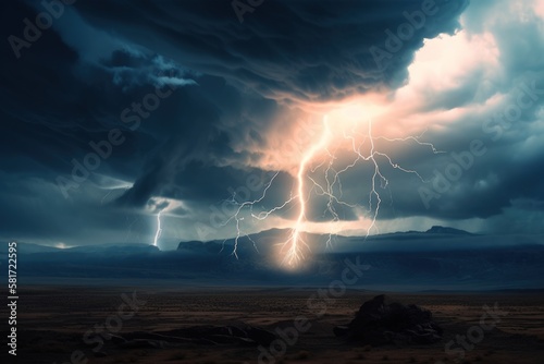 A massive storm cloud illuminated by bright bolts of lightning. Generative AI