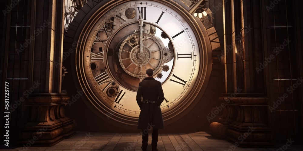 Obraz premium A steampunk-inspired 3D rendered image featuring a man standing in front of a giant clock. Generative AI