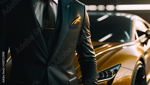 A Close-Up of a Rich Businessman Standing in Front of a Luxurious Supercar. Generative AI © _veiksme_