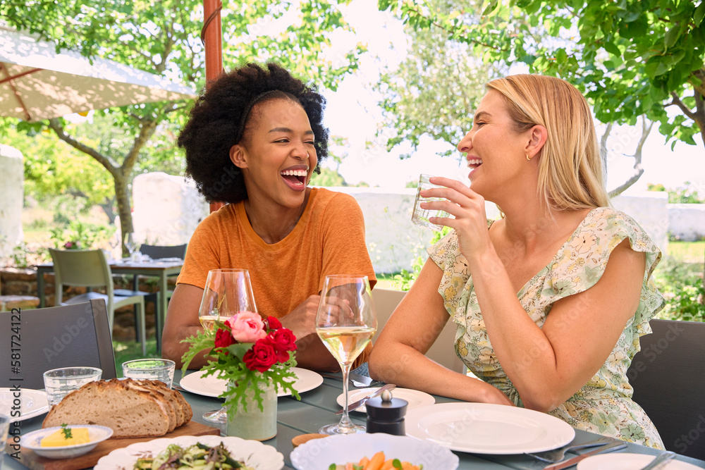 Two Female Friends Enjoying Outdoor Meal And Wine On Visit To Vineyard Restaurant Two Female Friends Enjoying Outdoor Meal And Wine On Visit To Vineyard Restaurant