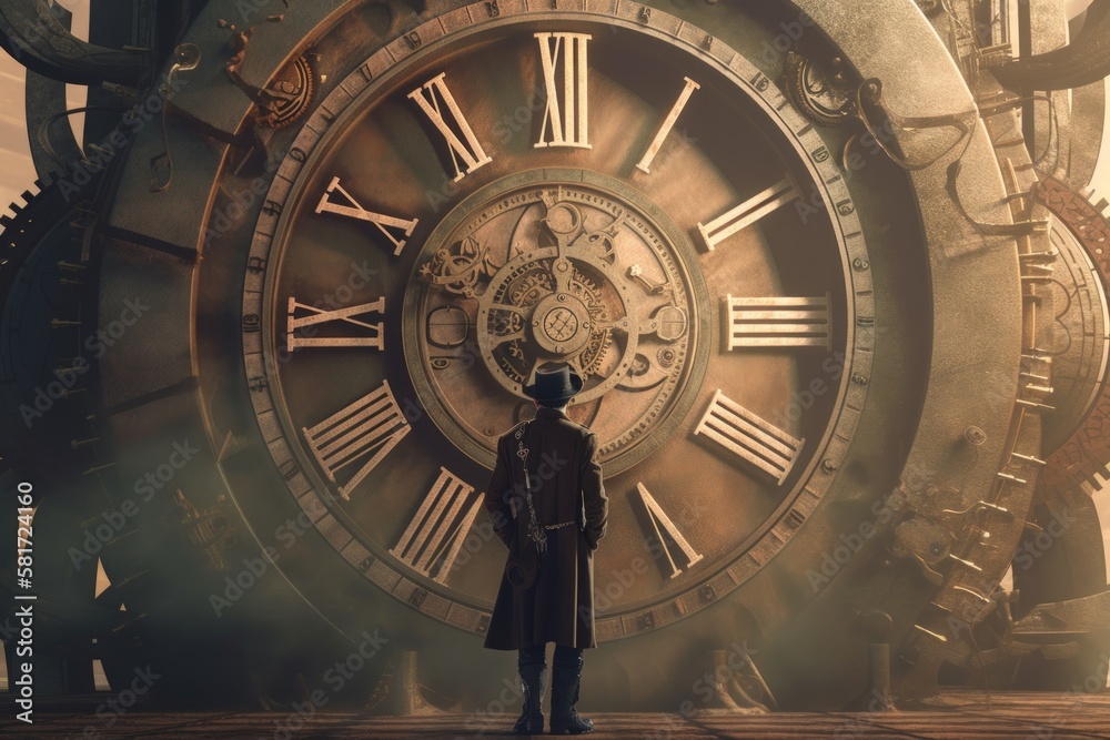 Obraz premium A steampunk-inspired 3D rendered image featuring a man standing in front of a giant clock. Generative AI