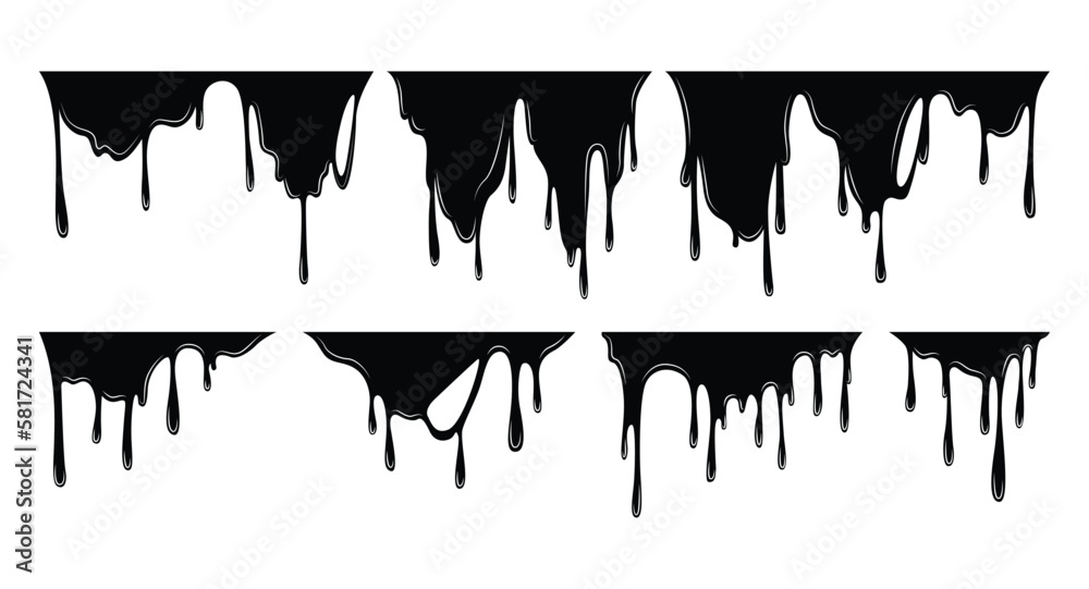 Paint dripping liquid set. Flowing oil stain. Set of black drips. Abstract flow stencil, current ink streak or fluid smudge. Vector illustration on white background