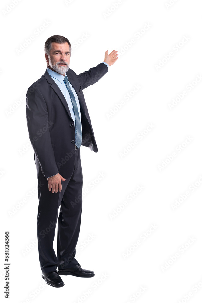 Full length Portrait Of Happy Mature Businessman Presenting Isolated On Transparent Background