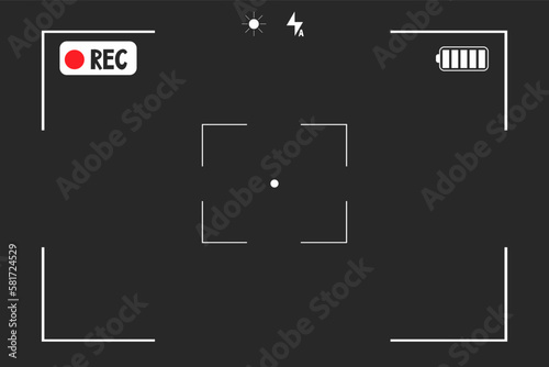 Video camera viewfinder overlay template, interface on dark background. Photo focus screen. Recording or snapshot digital display cam, capture videography