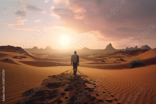 A man gracefully treads through a vast desert covered in golden sand during a breathtaking sunset. Generative AI