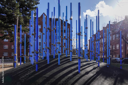 Canvas Print Copenhagen, Denmark Blue climbing poles in a public park and playground on Guldbergs Plads