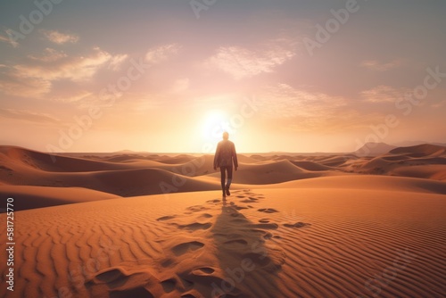 A man gracefully treads through a vast desert covered in golden sand during a breathtaking sunset. Generative AI