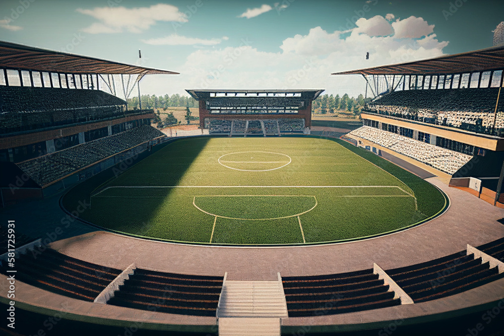 Football stadium with dramatic sky. Stadium design. Green grasses stadium. Generative AI.	
