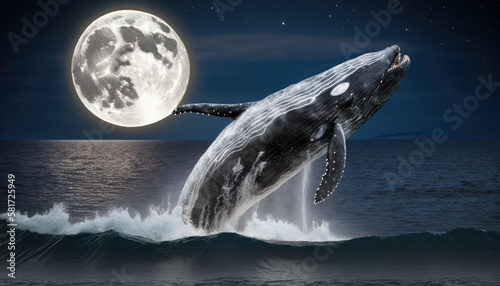 Whale leaping out of the sea amid huge full moon created with generative AI technology photo
