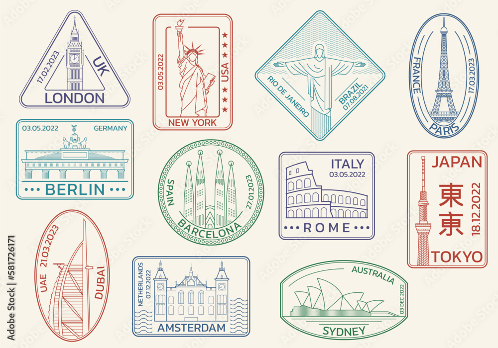 Travel, passport stamps or seals with city landmarks. World famous places set. Vector illustration. - obrazy, fototapety, plakaty 