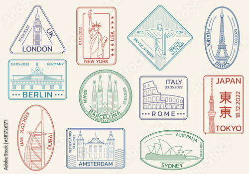 Travel, passport stamps or seals with city landmarks. World famous places set. Vector illustration.