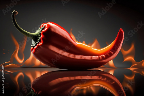 One red hot chilli pepper with fire burning. Generative ai
