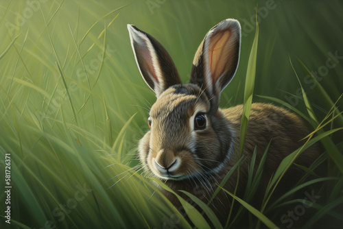 tic depiction of a furry grey rabbit sitting among the slender blades of a lush green field. Generative AI © INORTON