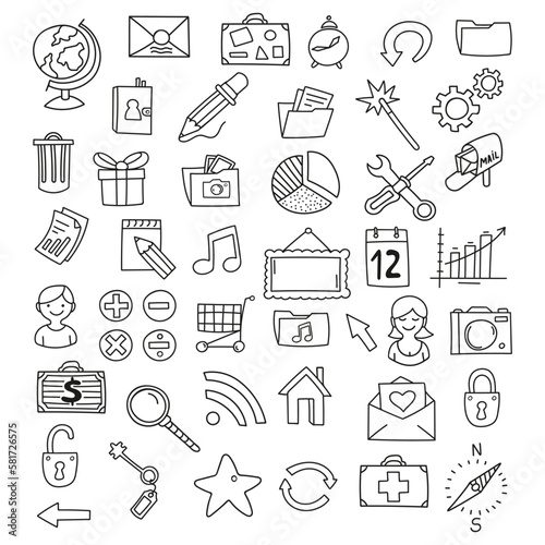 Hand-drawn icons set of magnifier, house, graph and other. Vector illustration, doodle style.

