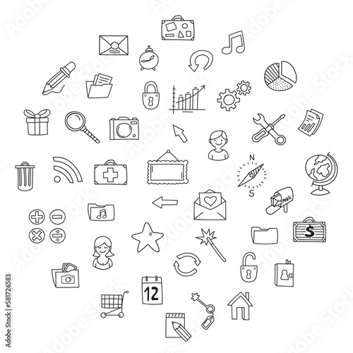 Hand-drawn icons set of magnifier, house, graph and other. Vector illustration, doodle style.
