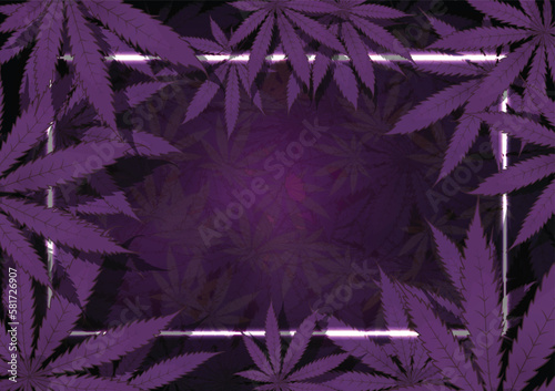 Purple neon cannabis leaf marijuana background.