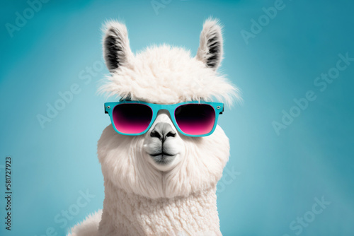Funny pink alpaca on blue background