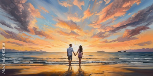 Couple holding hands on the beach, sunset golden hour, vast panoramic cloudscape, summer vacation, in love enjoying the moment, standing on the shore - generative AI  © SoulMyst