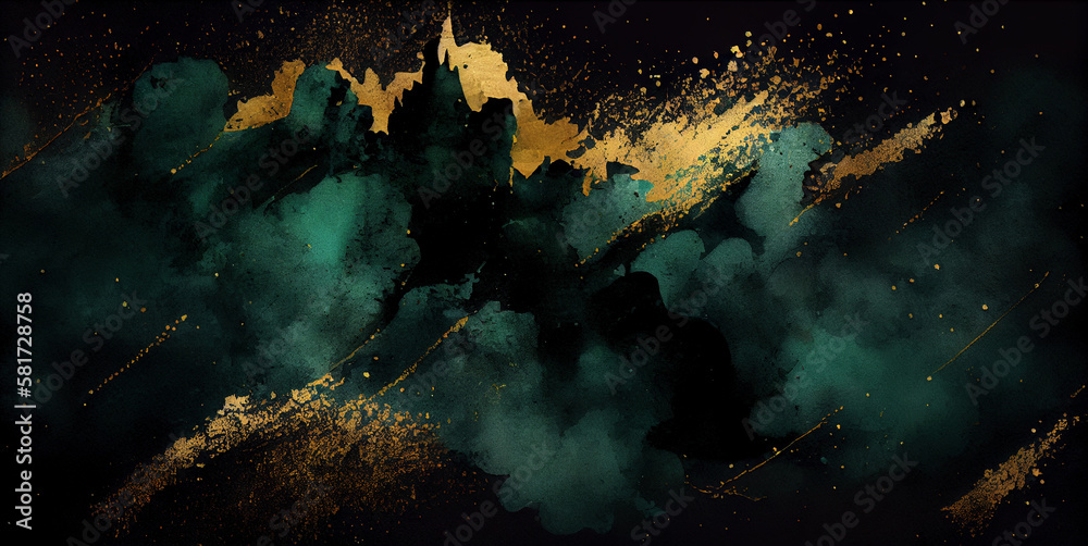 Obraz premium Green watercolor texture with golden paint, abstract grunge background, created with Generative AI technology