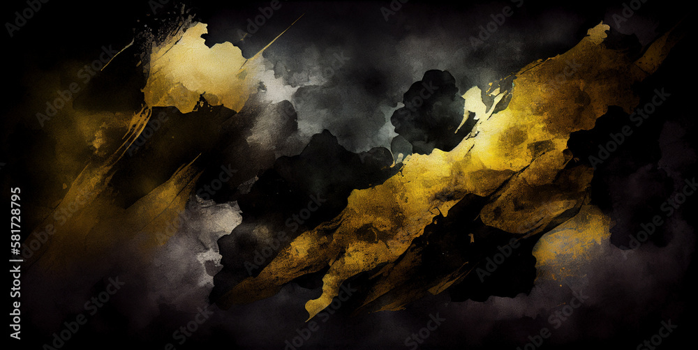 Dark wall texture with golden paint, abstract grunge watercolor background, created with Generative AI technology