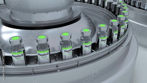 Hepatitis-B Vaccine Mass Production in Laboratory, Bottles on Conveyor Belt in Research Lab.