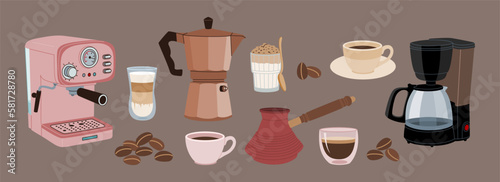 Set of different alternative coffee brewing methods and preparing tools. Various coffee drinks. Hand drawn vector illustration isolated on brown background. Flat cartoon style.
