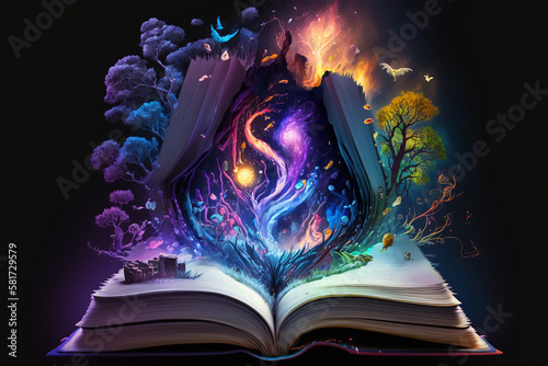 Book that contains fantastic stories, magic imaginary world full with color and happiness. Generative ai.