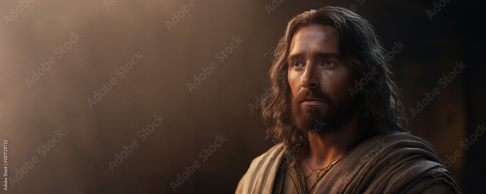 A portrait of Jesus Christ. Son of Man. Banner 5:2. Generative AI A portrait of Jesus Christ. Son of Man. Banner 5:2. Generative AI