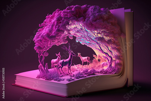 Flying Open book with splashing magic nature world with animals, fairytale, storytelling concept, World book Day, Encyclopedia of wild animals,  Fantasy and literature AI Generative