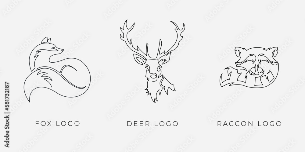 Fototapeta premium One line animals logo fox deer raccon. Line drawing of fox business logo icon