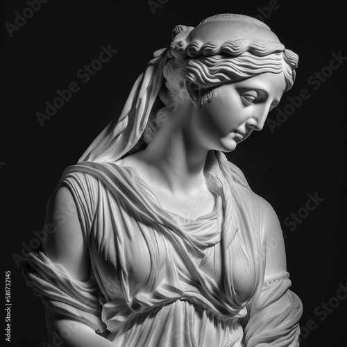 Realistic white stone statue of ancient woman greek, generative AI 