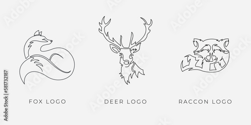 One line animals logo fox deer raccon. Line drawing of fox business logo icon photo