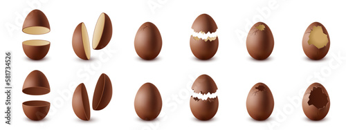 Set of different chocolate Easter eggs isolated on white background.