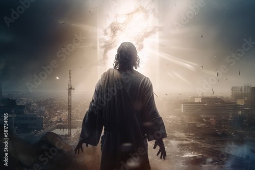 Jesus Christ looking at the world's development and destruction. Generative AI.