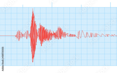 Seismogram of seismic activity or lie detector red record on blue chart paper. Earthquake audio wave diagram background. Ground motion, volcano eruption. Polygraph or seismograph. Vector illustration