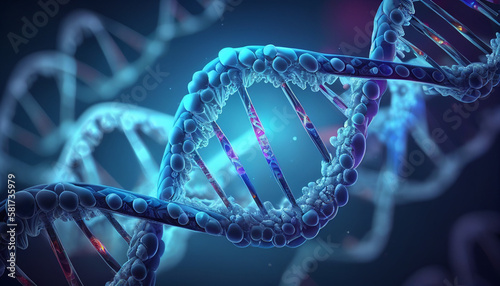 DNA strand on blue background, blue DNA medical background for healthcare and science designs, Generative AI