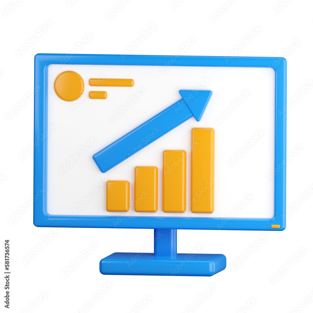 3d icon. Computer icon with infographics on display. Financial manager computer monitor, doing business on the internet. 3D rendering, cartoon style illustration. Transparent background, isolation. 3d icon. Computer icon with infographics on display. Financial manager computer monitor, doing business on the internet. 3D rendering, cartoon style illustration. Transparent background, isolation.