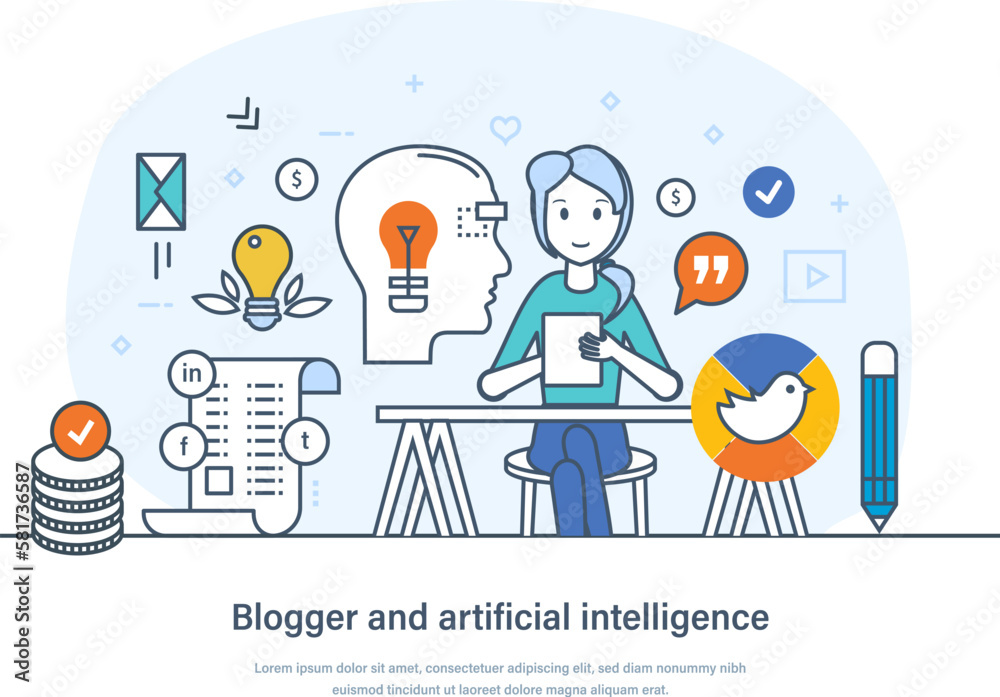 Blogger and artificial intelligence innovative technology for content strategy development. AI-empowered tools to create content. Cooperation and interaction thin line design