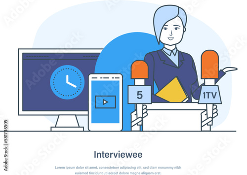 Interviewee, questioning, research participants, mass media broadcasting. Professional woman host interviewing guest, recording audio podcast, online show thin line design