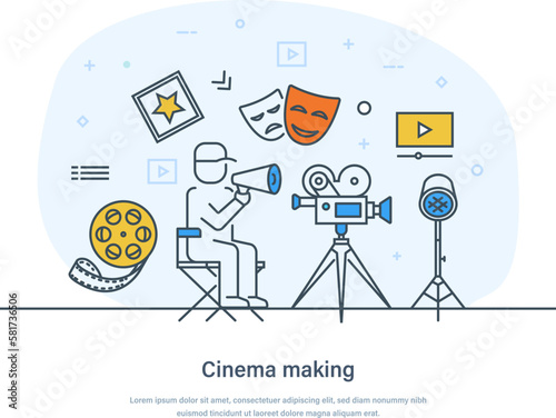 Cinema making, film and video production creative process. Making movie, video production industry. Filmmaking online course, film school landing page template thin line design