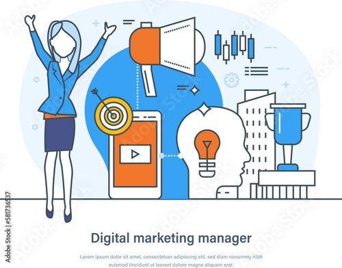 Digital marketing manager, specialist working on content strategy, analyzing data. Web analytics, email marketing, social media planning, management, analysis thin line design