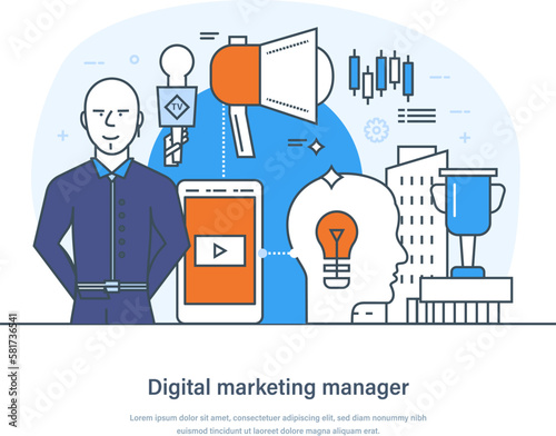 Digital marketing manager, specialist working on content strategy, analyzing data. Web analytics, email marketing, social media planning, management, analysis thin line design