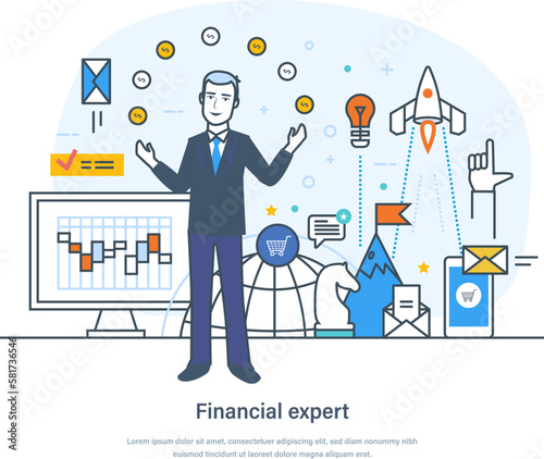 Financial expert, stock market analysis and investment strategy. Financial advisor service. Audit, financial management, investment planning, goal achivement thin line design