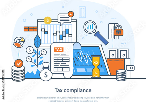 Tax compliance, accounting and payment financial service, online consultation. Tax audit, returns, penalty and reporting. Financial legislation compliance monitoring thin line design