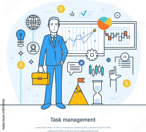 Task management process to achieve individual or collective goals. Project management activities and functions. Multitasking, productivity, time management, deadline thin line design