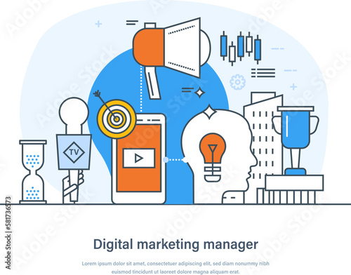 Digital marketing manager, specialist working on content strategy, analyzing data. Web analytics, email marketing, social media planning, management, analysis thin line design