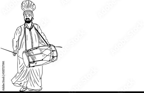 "Sketch Drawing of Punjabi Man with Dhol Drum"
"Traditional Punjabi Musician Sketch Art"
"Sketch Illustration of Punjabi Dhol Player in Traditional Dress"